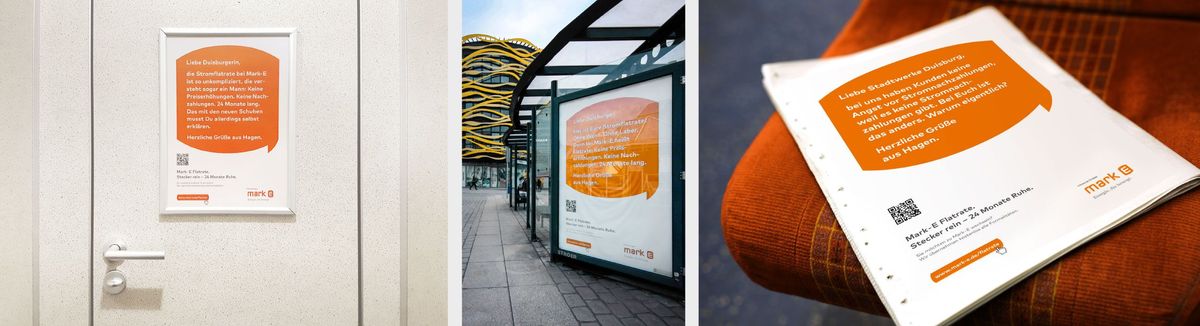 Plakat, City Light und Zeitungsanzeige, die in Duisburg für die Stromflatrate von Mark-E werben