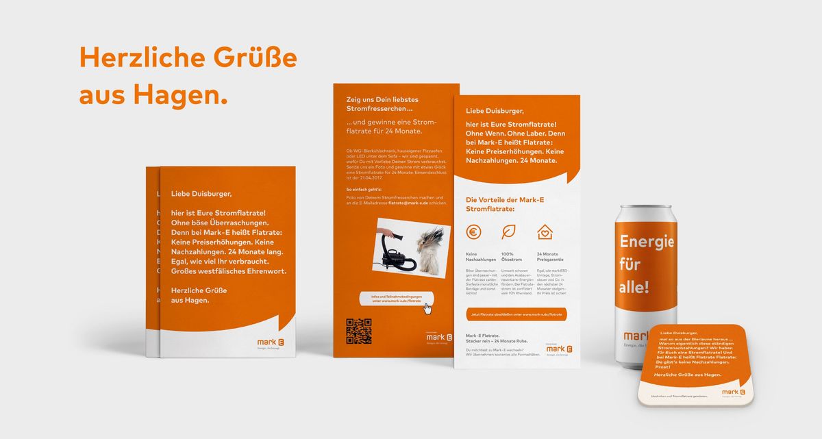 Printmedien im Corporate Design von Mark-E, die die Stromflatrate bewerben sollen