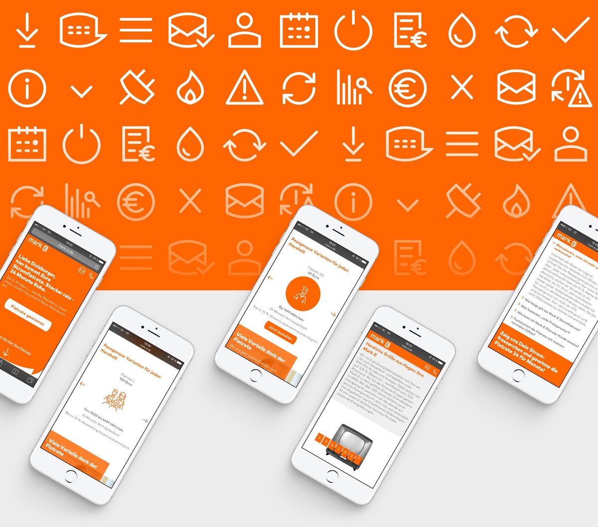 Ansicht der Mark-E-Landingpage auf Smartphones mit Piktogrammen im Hintergrund