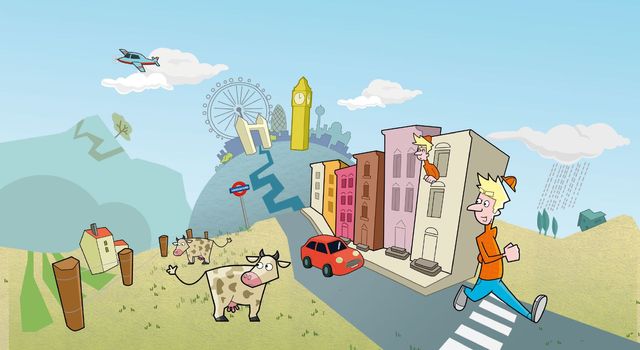 Illustration zur Themenwelt "Englisch" mit Stadtszenerie