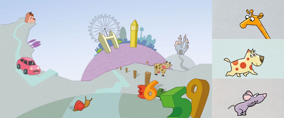Illustrationen von Tieren und einer Landschaft