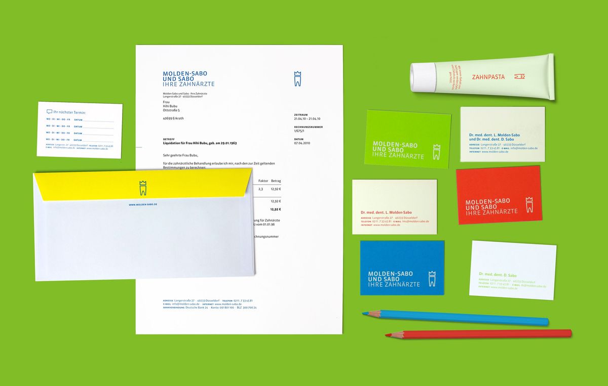 Briefbogen, Visitenkarten und Stifte für das Molden Sabo Corporate Design