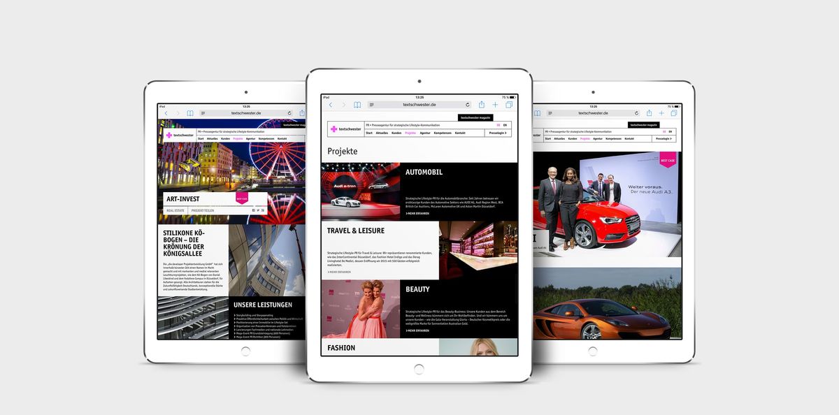 Drei responsive Darstellungen der Textschwester Website auf dem Tablet