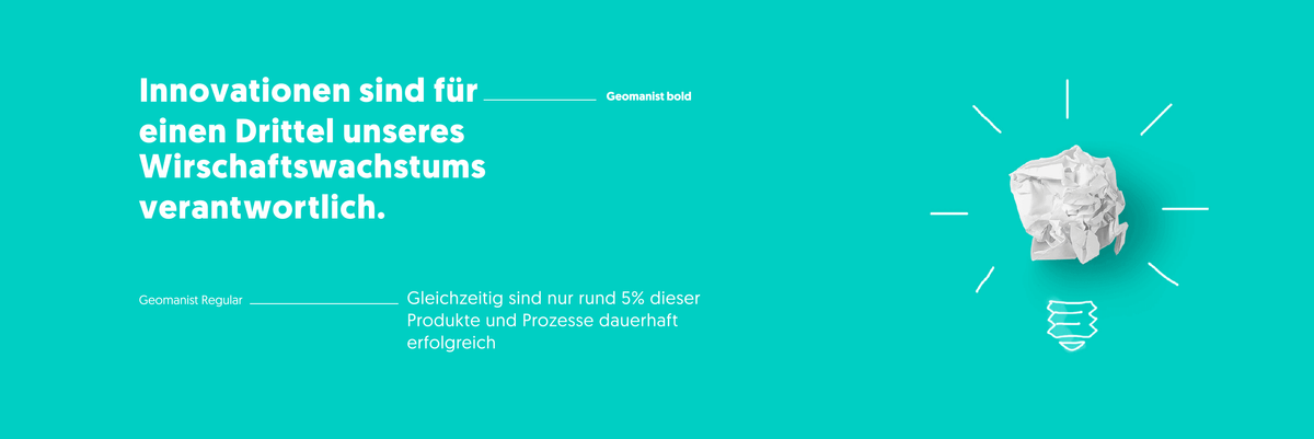 Schriftschnitte bold und regular der Schrift "geomanist" von Atipo und Bild eines zerknüllten Papierballs in Kombination mit einer Zeichnung ergeben eine Glühbirne