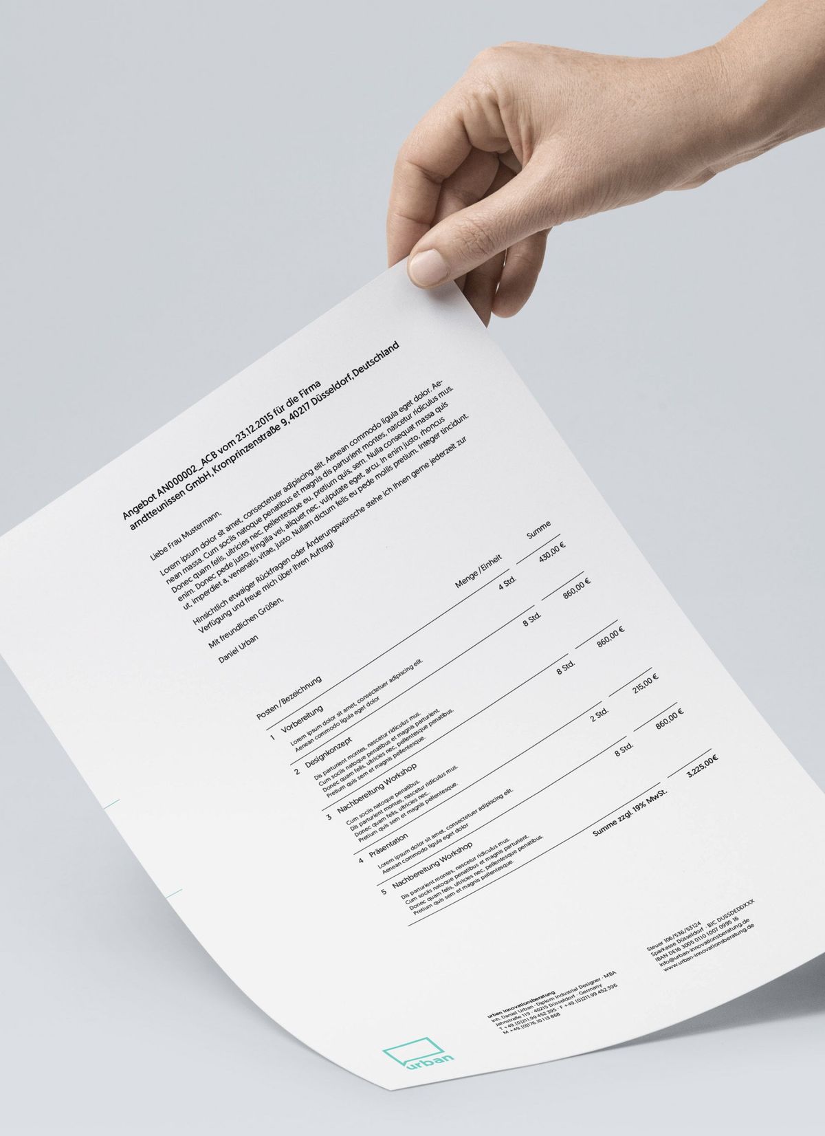 Brief- und Rechnungsbogen der urban innovationsbertung mit unkonventioneller Datenanordnung in der Betreffzeile