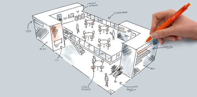 Anfertigen einer Skizze für einen Messestand vom VDM Corporate Design