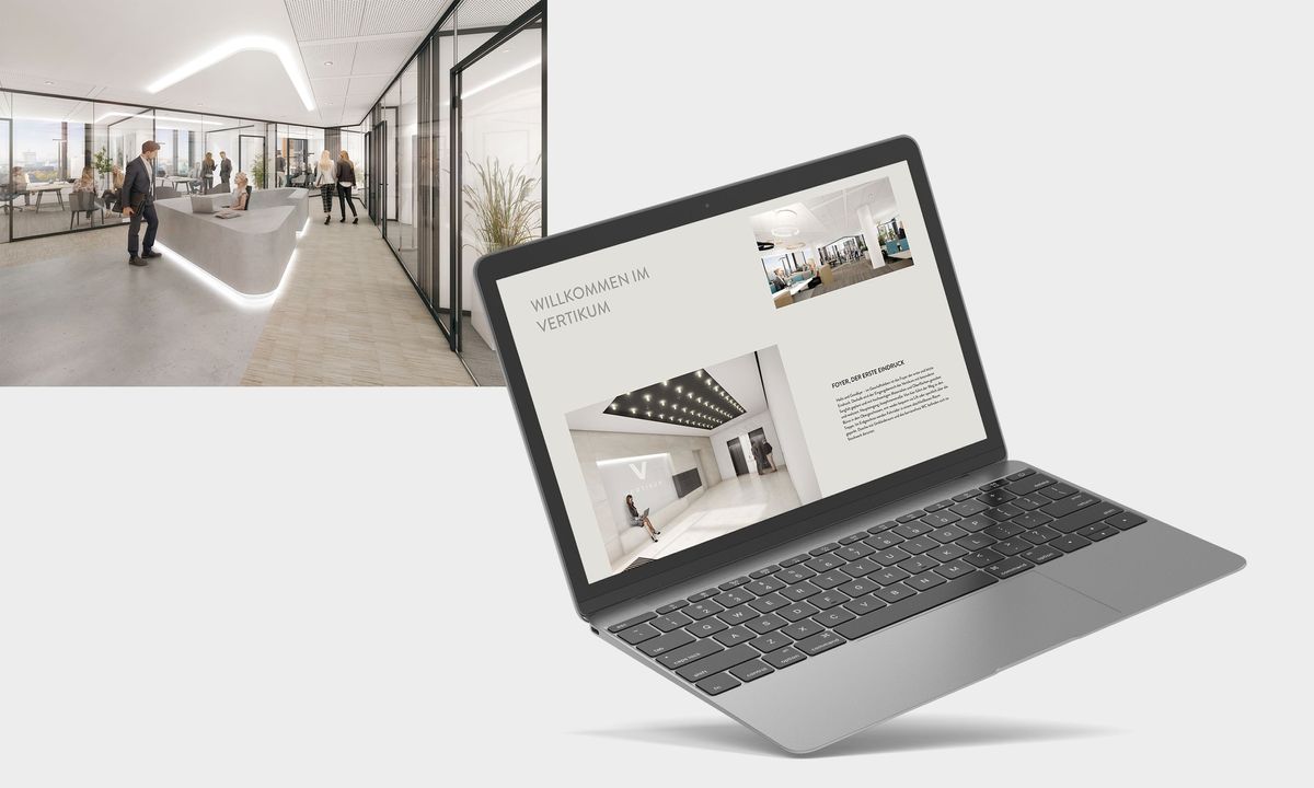 Foto der Innenansicht des Vertikum-Gebäudes und Notebook mit Landingpage im Webbrowser