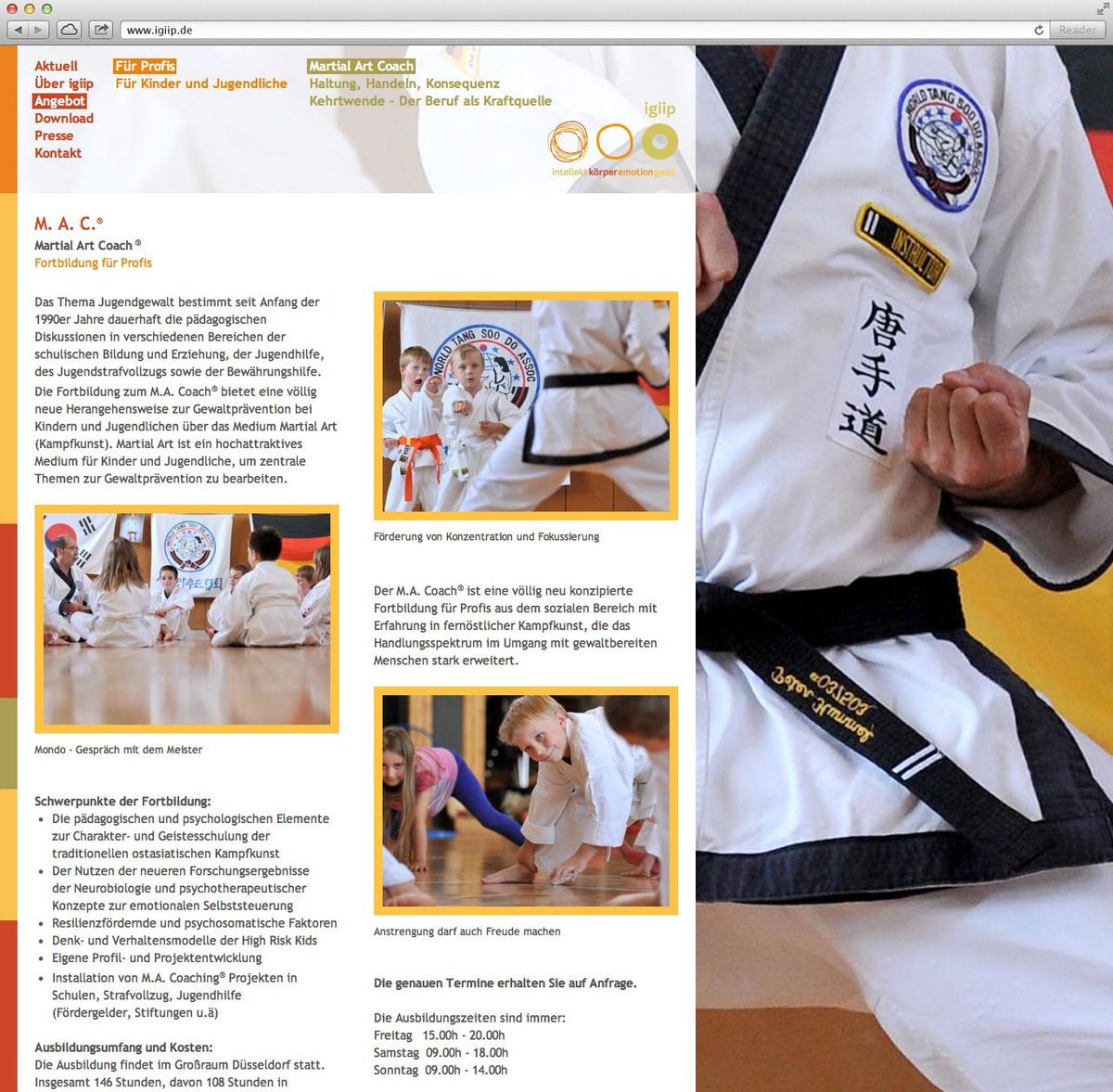 Ansicht einer igiip-Unterseite mit Bildern vom Karatetraining