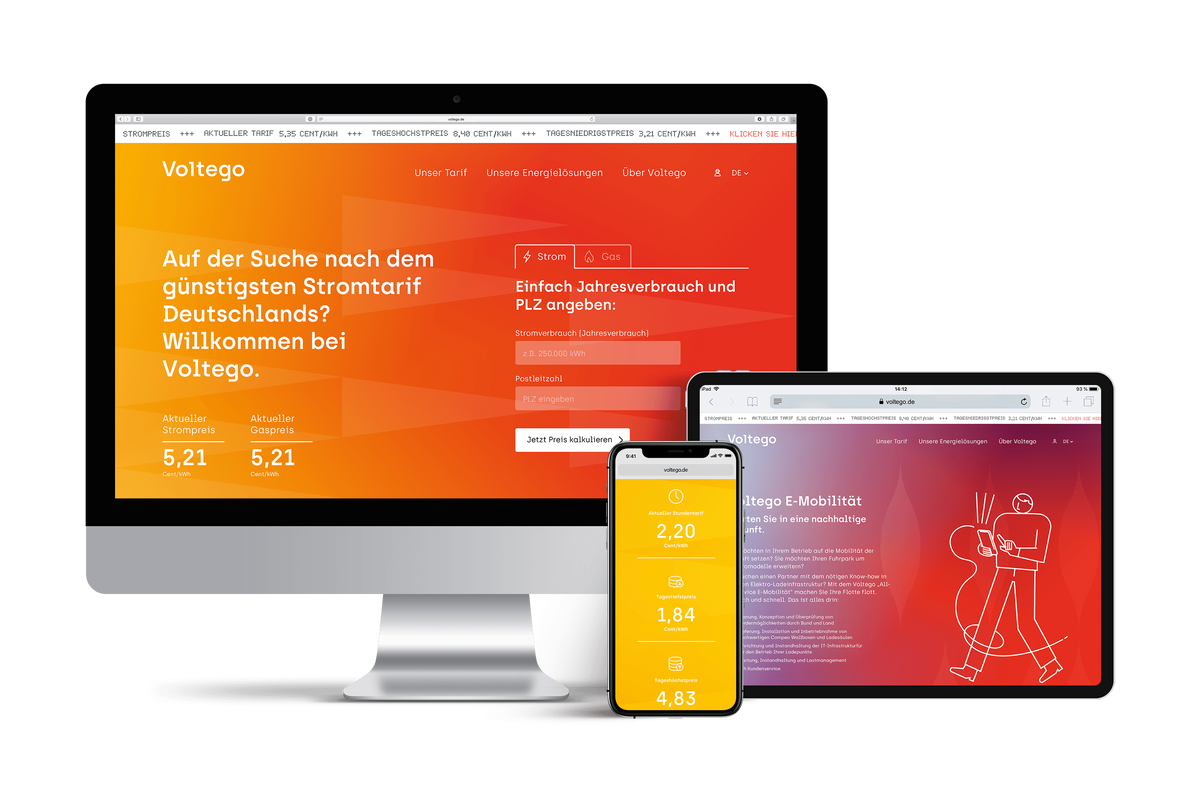 Ein iMac, ein iPad und ein iPhone zeigen die Voltego Website