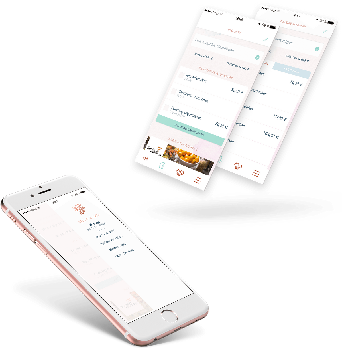 Screens mit dem Layout der Aufgabenliste und Smartphone mit der Ansicht des Menues